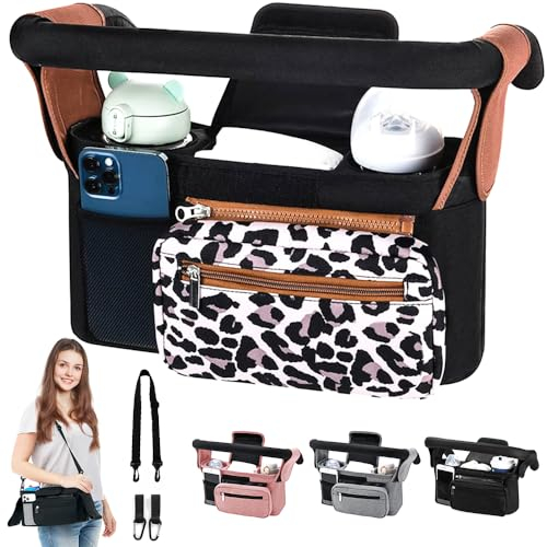 HINATAA Organiseur de poussette pour bébé avec 2 porte-gobelets, organisateur de poussette avec bandoulière et 2 crochets sécurisés, accessoires de poussette avec poche zippée (léopard)