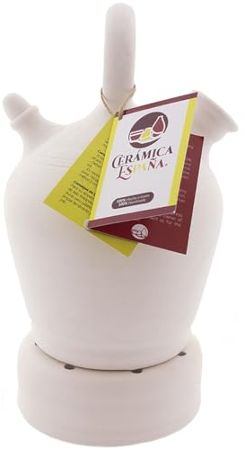 CERÁMICA ESPAÑA | Botijo de barro blanco español | Botijo asa redonda base ancha Modelo A02 | 100% Hecho a mano | 2 litros | ECO | Plato Incluido