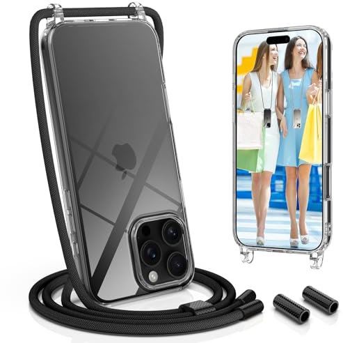 UYMO Transparent Cover with Lanyard for iPhone 16 Pro Max, Case with Strap Necklace Adjustable Chain Case, Rainbow, Black