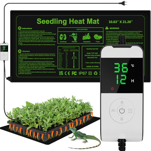 WADEO Tapis Chauffant pour Plantes 54 X 27 cm, 30W Tapis Chauffant pour Semis avec Thermostat 5°C à 45°C et Fonction de Minutage 0-12h, Propagateur Chauffant pour Champignon, Reptile, Brassage