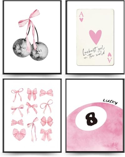 Linilioart Trendige rosa adrette Retro-Posterdrucke, Set mit 4 trendigen Dekorationen, Wandkunst für Zimmer, Studentenwohnheim, ungerahmt (21 x 30 cm)