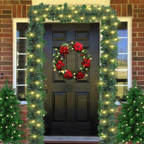 18FT Green Christmas Garland 600 Tips with 100 Warm White LED Lights Christmas Door Garland Wreath Xmas Home Fireplace Stairs DIY Decoration