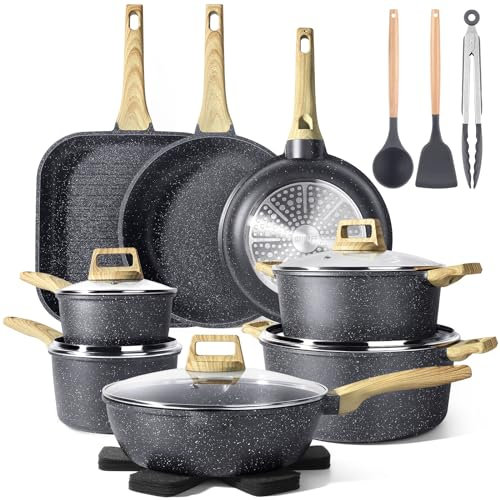 GiPP Topfset 21-Teiliges, Granit Topf und Pfannenset mit Antihaftbeschichtung, 24+28cm Pfanne + 28 cm Hoher Rand, 16+18+24cm Kochtopfset, Topfset Induktion Cookware Set für alle Herdarten, Grau