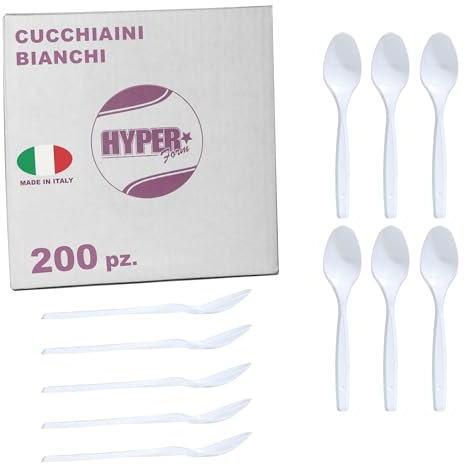 HYPER form -200 Cucchiaini in Plastica Bianchi, Riutilizzabili e Robusti per Aperitivo e Dessert. Per compleanni Feste e Party.