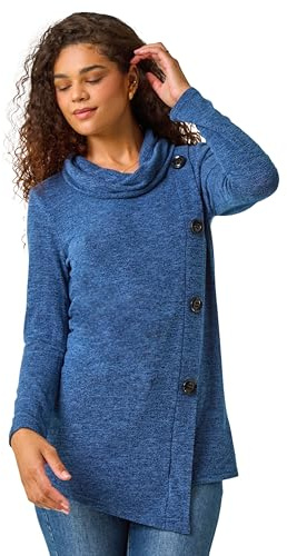 Roman Originals Cowl Neck Buttoned Top for Women UK - Ladies Everyday Autumn Winter Comfy Soft Evening Vacation Work Party Night Out - Blue - Size 10