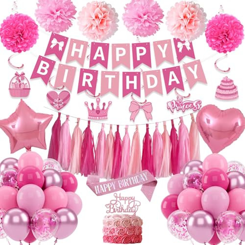 Decoration Anniversaire Filles Femmes, Ballons Anniversaire Confetti Rose Déco Anniversaire Banniere Joyeux Anniversaire Pompons en Papier pour Kit Anniversaire Fillea