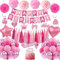 Decoration Anniversaire Filles Femmes, Ballons Anniversaire Confetti Rose Déco Anniversaire Banniere Joyeux Anniversaire Pompons en Papier pour Kit Anniversaire Fillea