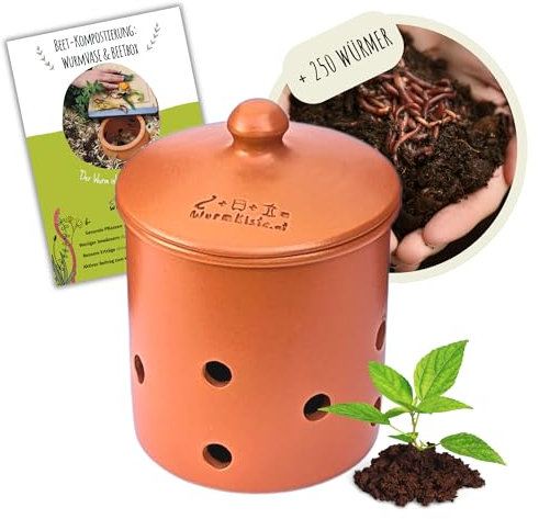 wurmkiste.at 5L Wurmvase aus Ton | Beetkomposter Starterset inkl. 250 Kompostwürmer
