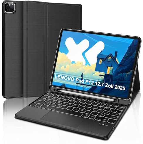 WINCHKING Custodia per tastiera Lenovo Idea Tab Pro 12.7 pollici 2025, touchpad Bluetooth tastiera, magnetica rimovibile, flessibile, layout QWERTZ (nero touchpad)