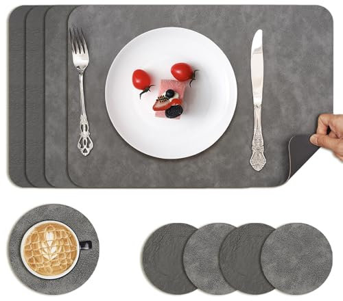 Platzsets Abwaschbar 4er Set, Doppelseitige Tischsets Lederoptik, Mit 4 Untersetzer, rutschfest & Hitzebeständig, Hochwertige Platzdeckchen für Esszimmer & Küche, Eckig (Dunkelgrau/Hellgrau)