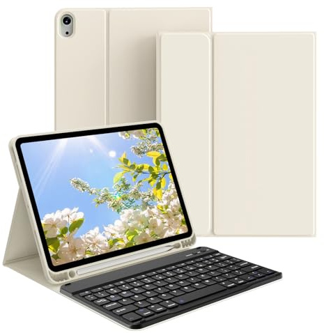 GKABXY Keyboard Case for iPad Air 11 Inch (M3/M2) 2025/2024, iPad Air 5th/4th Generation 10.9 Inch 2022/2020, Stand Folio Slim Cover with Pencil Holder, Detachable Wireless Keyboard, White