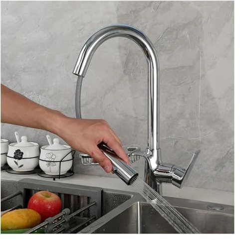 Grifo, cocina gris de cocina de la cocina del grifo de un solo manejo de un solo arco de arco de cisne de cisne de cisne con mezclador de grifos de fregadero moderno con estante de almacenamiento