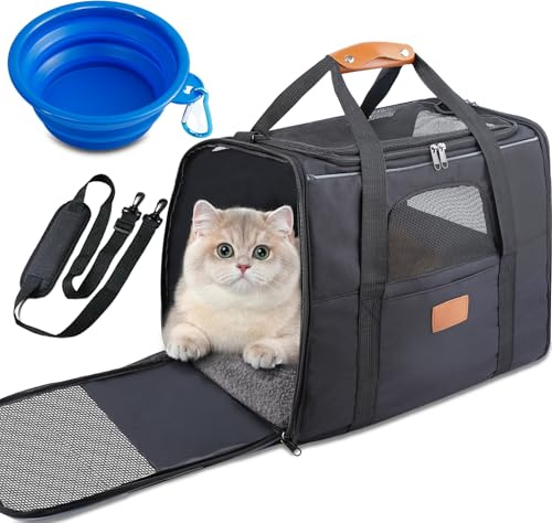 Tczecoo Katzentransportbox für Katzen und Welpen, Faltbare Katzentransportbox mit Sicherheit Reißverschlüsse, Verstellbarem Schultergurt, Abnehmbare Plüschmatratze für Der Gang zum Tierarzt Autof