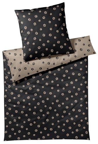 elegante Mako-Satin-Bettwäsche-Garnitur Paws Farbe Schwarz-Beige Größe 135x200+80x80