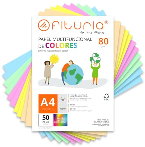 OFITURIA Buntes Papier, 50 Blatt A4 80g – Farbiges Papier für Basteln, Drucker, Scrapbooking – Farbbögen (Pastellfarben, 50 Blatt)