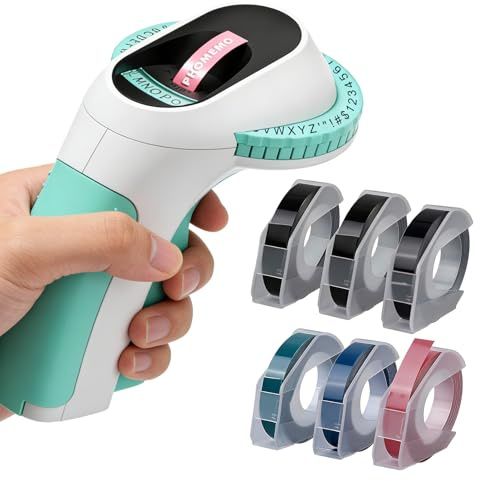 E975 Beschriftungsgerät, 3D Prägegerät E975, Tragbarer Etikettenprägegerät mit 6 Rollen Prägegerät Etiketten, DIY Etikettiergerät Handgerät, Etikettendrucker mit (£ € Ä Ö Ü) für Home Schule (Grün)