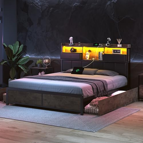 JYCRA Bettrahmen 140 x 220 cm mit LED,Doppelbett mit 4 Schubladen und Lattenrost,Polsterbett mit Metallbettgestell,Bettrahmen Stauraum unter Bett,für Erwachsene und Jugendliche (A., 140x220cm)