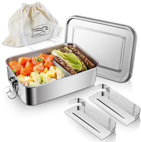 Joyfair 850ml Stainless Steel Compartment Bento Lunch Box with Cloth Bag | Lockable Clips & Removable Divider, Metal Food Storage Containers for Adults and Kids, Leak Proof & Dishwasher Safe