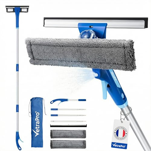 VetraPro Professional Window Squeegee – 4-in-1 Window Washer with Telescopic Handle 25 to 225 cm and Sprayer for Glass Cleaner – Glass Cleaner for Flawless Cleaning (Grey and Blue)