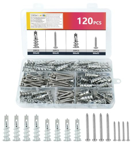LiangSanXin 120 Tacos Tornillos Acero Inoxidable Placas de Yeso | Tacos pladur con tornillos autoperforantes de acero inoxidable, fijaciones robustas para paneles y paredes de yeso