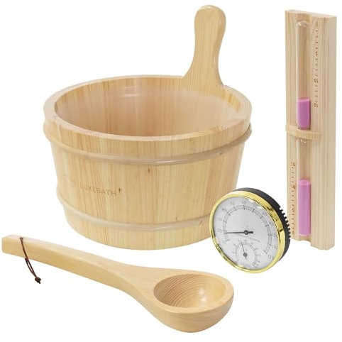 LuxeBath Saunazubehör-Set aus massivem Kiefernholz, Sauna Set 4-teilig, Aufgusskübel & Kelle, Thermometer-Hygrometer & 15min. Sanduhr, Saunaeimer 4,5L mit Kunststoffeinsatz, Langlebiges Sauna Zubehör