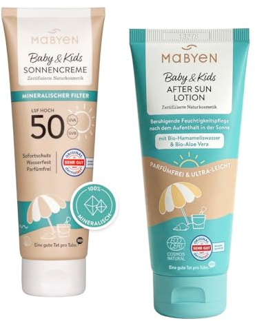 MABYEN Sonnencreme LSF 50 100ml + After Sun Lotion 180ml, Set, parfümfrei | 100% Mineralischer UV-Filter aus Zinkoxid, parfümfrei, COSMOS-zert. Naturkosmetik, vegan, für empfindliche Haut, Pflege