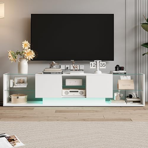 TV Schrank Modern mit LED, Hochglanz Fernsehtisch mit 2 Schubladen und Offenen Glas Ablage, 200 cm lang, TV Lowboard mit Stauraum, TV Sideboard Skandinavisch für Wohnzimmer Schlafzimmer (Weiß)