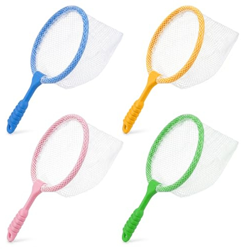 4 Stück Fischernetz, Kunststoff-Fischernetze, Insektenfängernetze zum Fangen von Käfer und Schmetterlingsfang, Strandspielzeug für Outdoor Aktivitäten an Strand und Pool (Rosa, gelb, blau, grün)