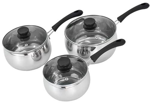 3-Piece Stainless Steel Saucepan Set with Glass Lids, 1.1L/1.5L/2.3L Non-Stick Milk Pots with Heat-Resistant Handles for Cooking, Boiling, and Simmering