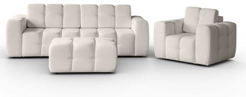 MW EURO-MEBLE Polstermöbel Set BONA, Sofa Set, Wohnzimmermöbel, Couchgarnitur 3+1+Pouf (Creme: Raven 22)
