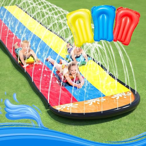 Generisch Wasserrutsche Garten für Kinder, 488 * 208CM Dreispurige Rutschbahn mit 3 Bodyboards, Wasserbahn Kinder Draußen mit Sprinkler für Erwachsene, Sommer Wasserspielzeug