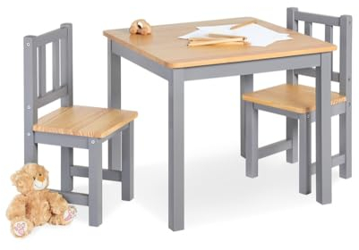 Pinolino Kindersitzgruppe Fenna, 3-teilig, vollmassives Kiefernholz, 2 Stühle und 1 Tisch, für Kinder ab 2 Jahren, grau und klar lackiert