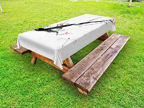 ABAKUHAUS Dragonfly Outdoor Tablecloth, Cherry Sakura Tree, Decorative Washable Picnic Table Cloth, 58 X 120, Pink Black