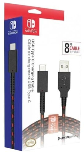 PDP Gaming Charge Cable | 8 Feet USB C Charger: Schwarz/Rot - Nintendo Switch