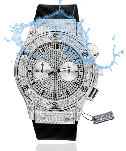 Halukakah Premium Diamant Golduhr für Männer, Luxus Platin Weißgold Vergoldet, Wasserdicht, Gefälschtes Doppelkalender-Zifferblatt Iced Out, Verstellbares Schwarzes Armband, Geschenkbox Inklusive
