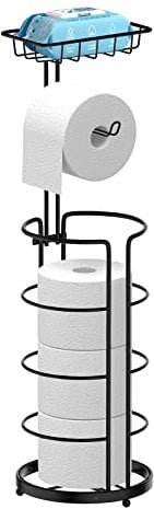 Toilet Roll Holder Free Standing, Toilet Paper Holder with Top Shelf for Storage Rolls/Phone/Magazine, Tissue Dispenser Organizer Holder for Bathroom(Black)