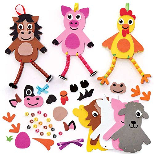Baker Ross FC815 Moosgummi Bauernhoftiere Bastelset mit Perlen - 5er Pack, Set für Kinder zum Basteln und Dekorieren, Ideal für Kindergeburtstag Basteln, Mittel