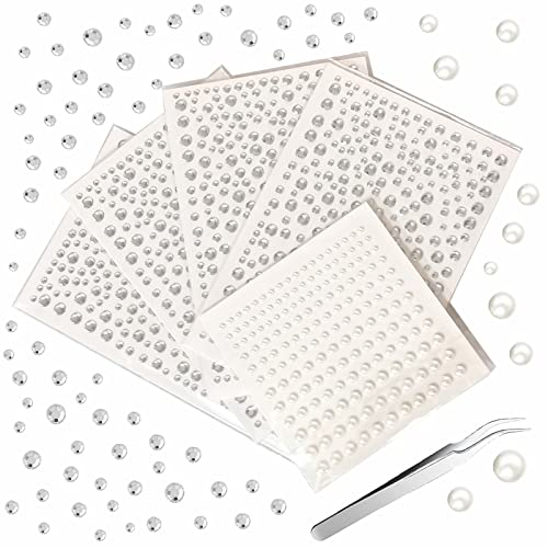 Glitzersteine Selbstklebend,5 Blatt Strass Aufkleber,Halbperlen Aufkleber,Selbstklebend Schmucksteine, Dia 3/4/5/6mm Glitzersteine,mit Pinzette,für DIY Fingernagel/Gesicht/Deko Handwerke