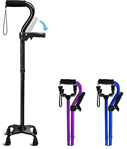 Adjustable Walking Cane for Men & Women with 4-Pronged Base for Extra Stability - Foldable Cane for Seniors with Foam Padded Offset Handle for Soft Grip & a Second Handle for Standing Black