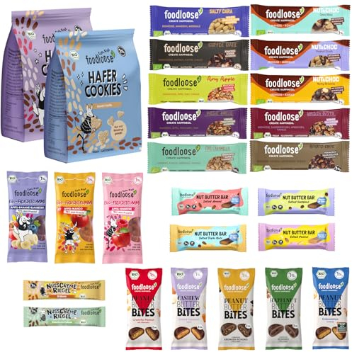 foodloose Kennenlernpaket | Vegane Süßigkeitenbox mit 20 verschiedenen Bio-Snacks | Leckerer Mix aus Nussriegeln, Nut Butter Bites, White Delights, Fruchtchips und Creme-Riegeln