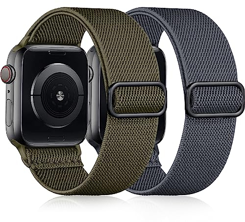 Easuny Cinturino Elastico Compatibile con Cinturino Apple Watch 42mm 44mm 45mm 49mm, Banda Nylon Morbida Regolabile per iWatch Series 9 8 7 6 5 4 3 2 1 SE Ultra per Donne Uomini, Grigio/Verde Militare