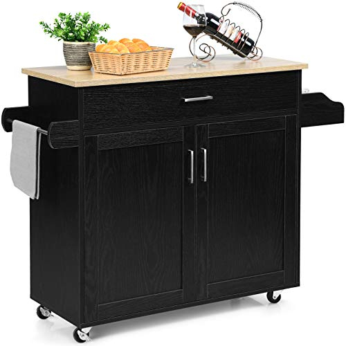 COSTWAY Kitchen Storage Trolley, Rolling Kitchen Island with Adjustable Shelf and Large Drawer, Home Restaurant Dining Room Organiser Sideboard Cupboard Cabinet Cart, 116 x 40 x 85cm (Black)