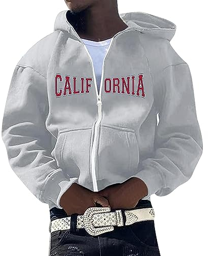 Celucke Kapuzenpullover Herren Oversize Y2K Zip Up Hoodies California Letter Print Sweatshirt Jacke mit Kapuze Vintage Kapuzenjacke Teenager Lose Sweatjacke 90er E-Girl Harajuku Streetwear Top