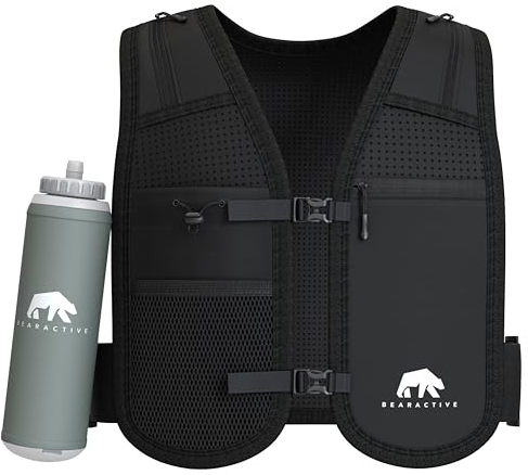 Bearactive Running Phone Holder with 500ml Water Bottle - Adjustable Strap and 6 Pockets - Running Hydration Vest for Women & Men (Black)