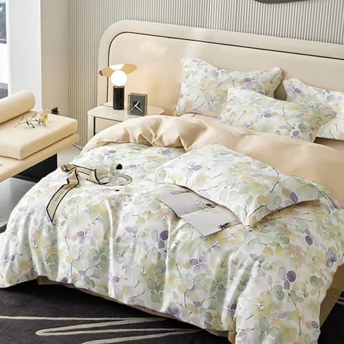 Sedefen Housse de Couette 220x240cm Vert Violet Floral Fleurs Feuilles Parure de Lit 2 Personnes Adulte Coloré Fleurie Réversible Microfibre Literie avec Fermeture Éclair et 2 Taie d'oreiller 65x65cm