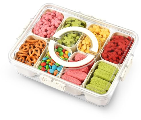 STORICANS Divided Serving Tray with Lid & Handle,Snack Box with 8 Removable Compartments Portable Food Storage Container Snack Platters, Reusable Clear Organier for Veggie, Candy, Fruit,Nut