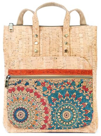 DeCarbonize Daypack Rucksack Shopper aus Kork Vegan Leder Nachhaltig Korktasche (Mandala Orange)