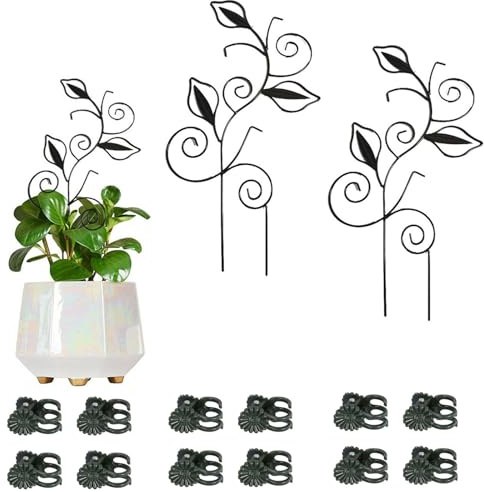 Dekoratives Metall-Pflanzen-Rankgitter für Zimmer-Topfpflanzen - Blattform Ranken-Stützpfähle mit 6 Pflanzenclips, Schwarz/Grün/Gold Garten-Rankgitter für Kletterpflanzen, Reben (Schwarz 2 Stück)