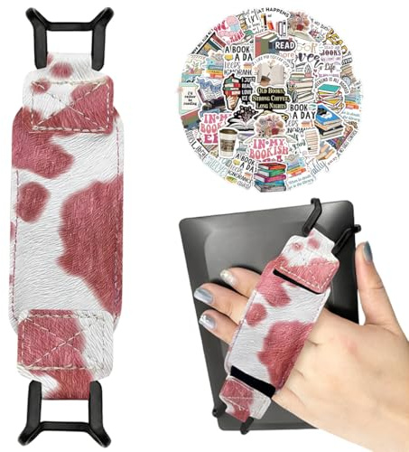 KIRZAX Kindle Halterung Hand 6-8 Zoll, Weiß-Pink Elastband für Paperwhite 2025/Fire Tablet, 50 Leseaufkleber & PopSocket-kompatibel