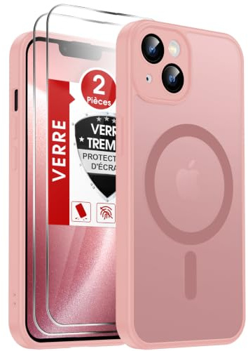 LeYi Cover Magnetica per iPhone 13 con 2 Pezzi Vetro Temperato(Rosa) | Custodia per iPhone 13 Traslucida Opaca Anti-Impronte Resistente ai Graffi Paraurti in TPU Antiurto Protettiva Case 6,1''
